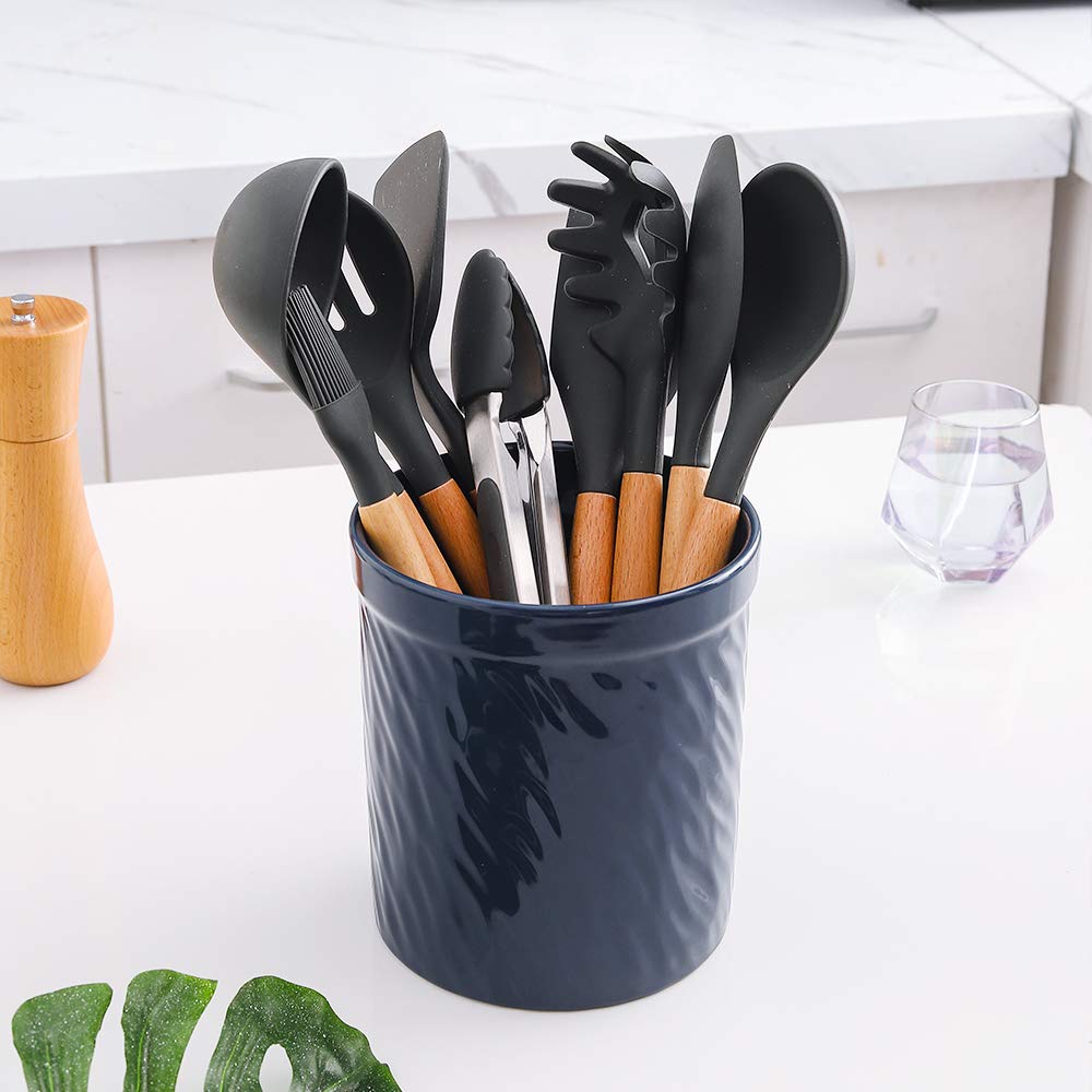 KOOV Kitchen Utensil Holder, Large Ceramic Utensil Crock, Deep and Stable, Utensils Caddy Texture Series (Dark Blue)