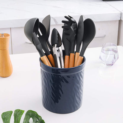 KOOV Kitchen Utensil Holder, Large Ceramic Utensil Crock, Deep and Stable, Utensils Caddy Texture Series (Dark Blue)