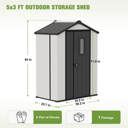 COOS BAY 5x3 Outdoor Storage Shed with Floor, Lockable Doors, All-Weather Resin Garden Tool Shed, White/Gray