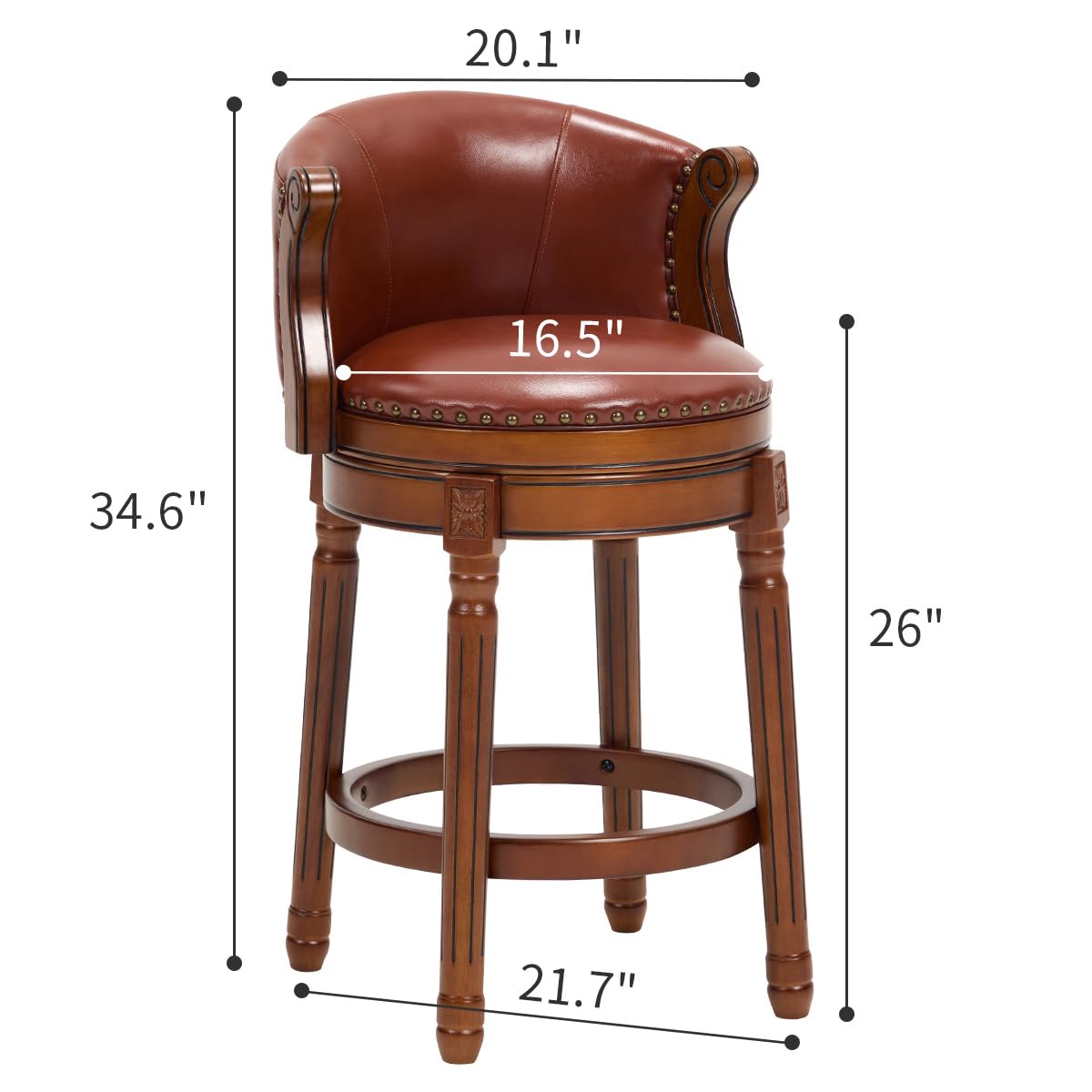 GDFStudio Cow Top Leather Wood Bar Stool with Backrest, 360 Degree Swivel Counter Height Bar Stool, Upholstered Solid Wood Rustic Farmhouse Bar Chair for Kitchen Island Home Bar Dining, New Brown 26"
