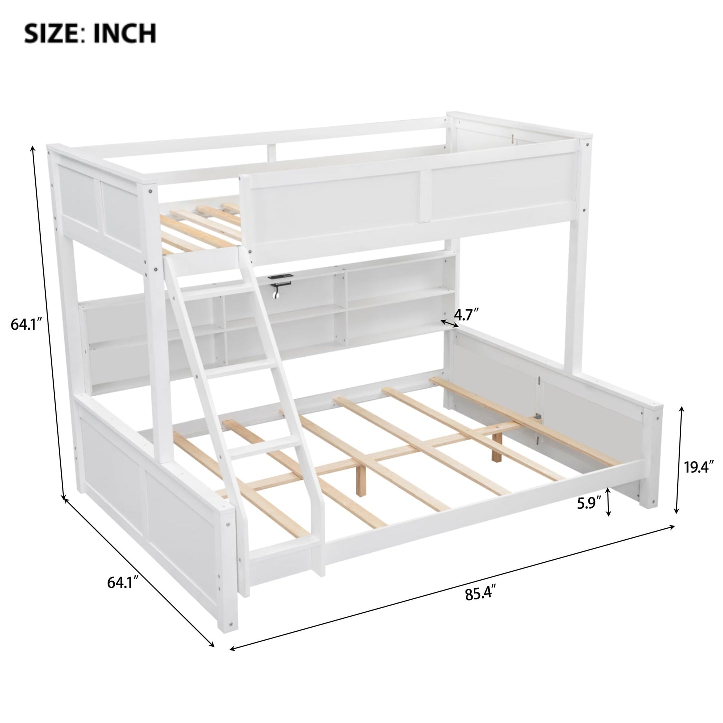 DNYN Twin XL Over Queen Bunk Bed with Storage for Kids/Adults,Solid Wood Bedframe w/Cabinets & USB Ports Design,Perfect for Bedroom, Guest Room, White