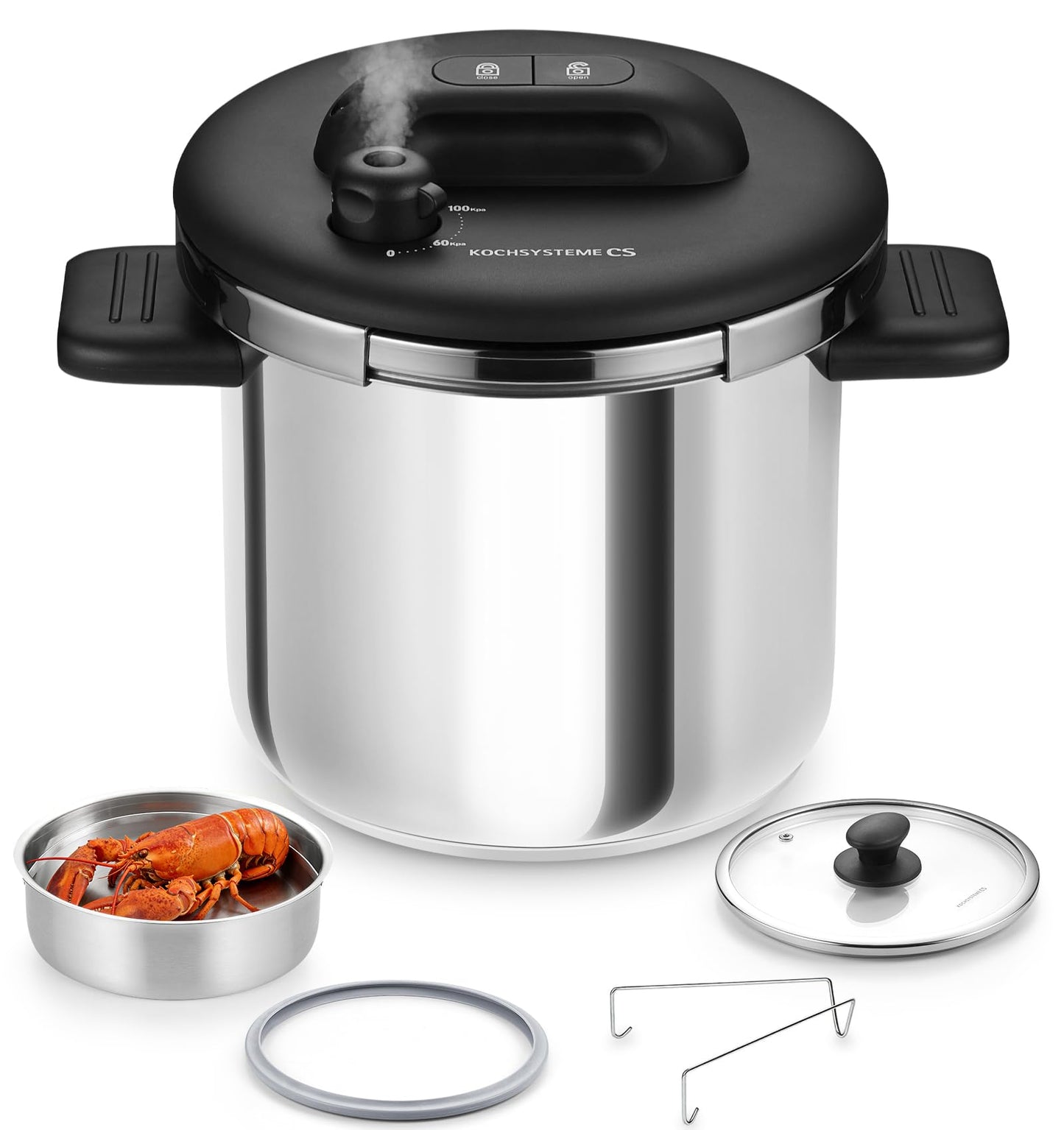 KOCH SYSTEME CS Stainless Steel Pressure Cooker 8.5QT, Olla de Presion, 18/10 Stainless Steel Pressure Cooker, Easy One-Press Lock, Stovetop Pressure Cookers, Induction Ready, Glass Lid & Steamer