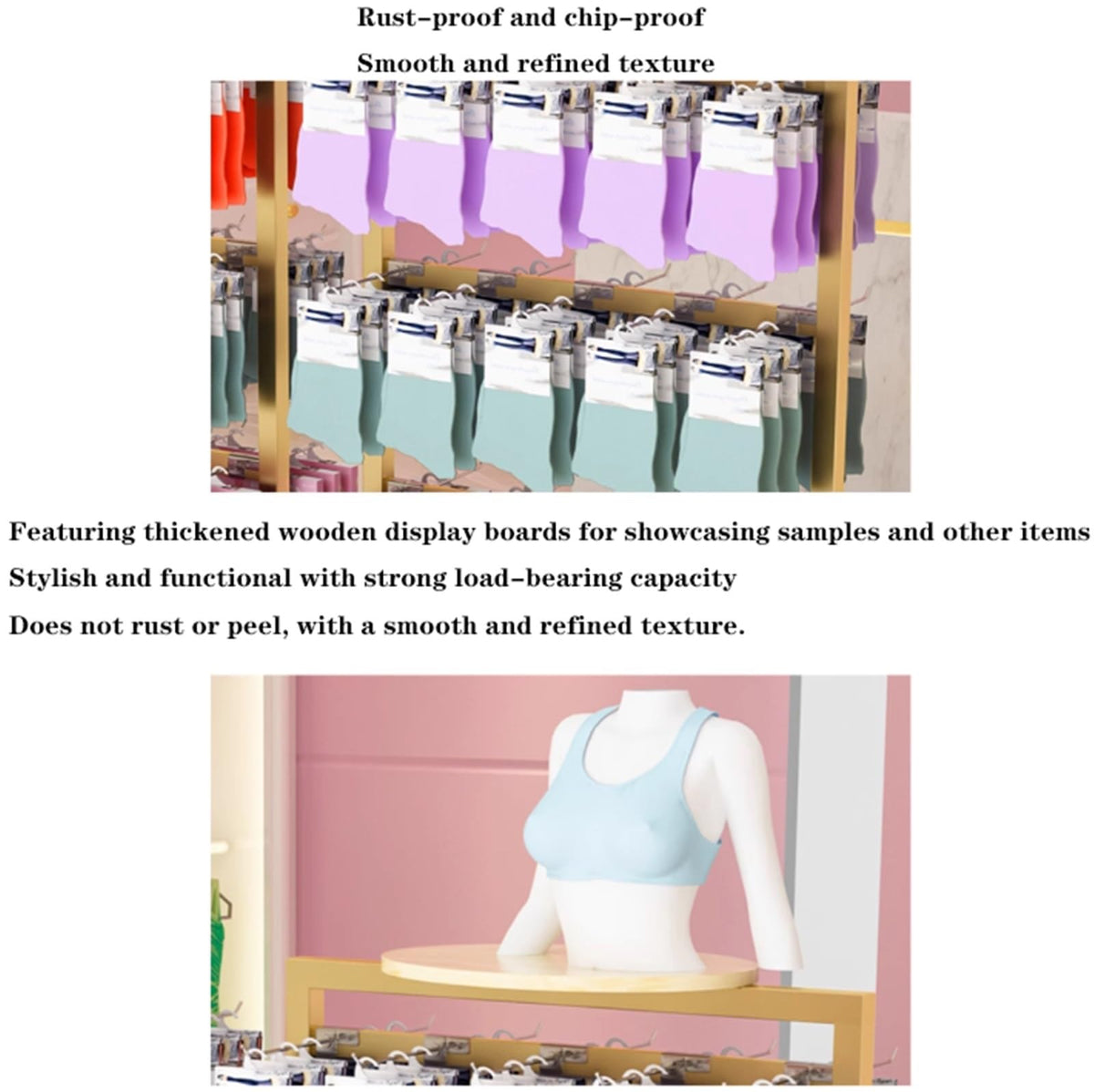 25.5 * 15.7 * 53in Sock Lingerie Bra Rack with Hook, Metal, Commercial Underwear Retail Display Stand, Freestanding Clothing Storage Shelf, for Farmers Markets, 4 Tier(Black)