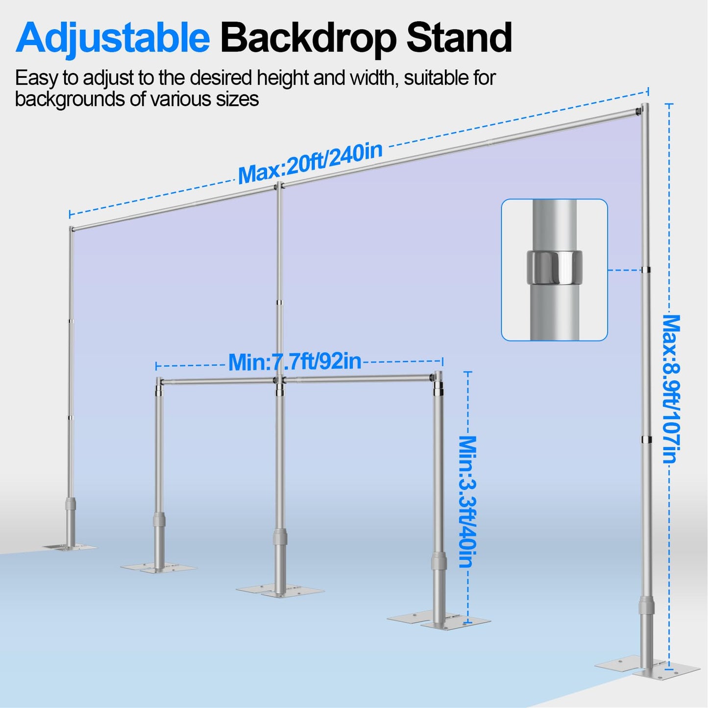 GLOSHOOTING Heavy Duty Backdrop Stand 8.9x20ft, Pipe and Drape Backdrop Stand Kit, Adjustable Metal Frame, Background Stand Backdrop for Wedding Photography Birthday Party Decorations