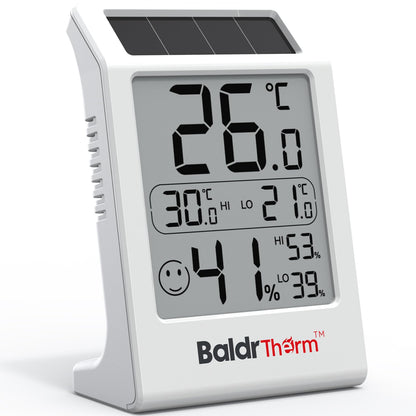 3.2'' 1Pack BaldrTherm Room Thermometer Indoor Humidity Meter, Solar-Powered Digital Temperature Sensor Monitor