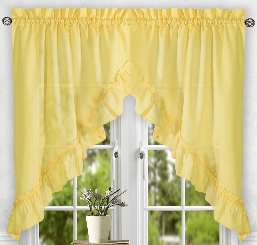 Ellis Curtain Stacey Sheer Tailored Tier Pair Curtains, Yellow, 56" x 30"