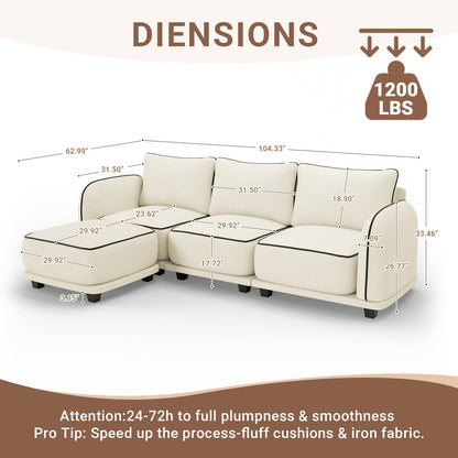 104 Inch L Shaped Modular Sectional Sofa, 4 Seater Modern Cloud Chenille Comfy Couch with Movable Ottoman & 3 Back Pillows, Oversized Comfy L Shape Couch for Living Room, Bedroom, Apartment, Beige
