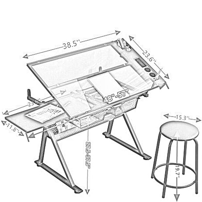 Garvee Drafting Table w/Stool, Height Adjustable Drawing Table, Multifunctional Art Craft Paintings Work Station w/2 Storage Drawers, 0-75° Tilting Glass Tabletop for Home Office, White