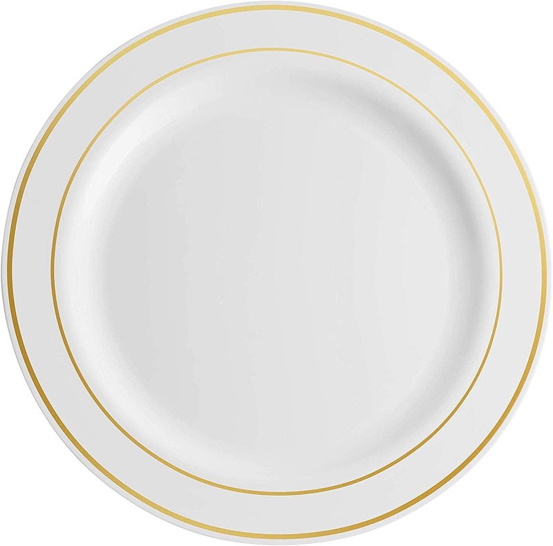 Munfix 100 Gold Plastic Plates Set, 7 Inch Disposable Dessert Appetizer Plates, Elegant Fancy Heavy Duty for Party, Wedding, White with Gold Rim