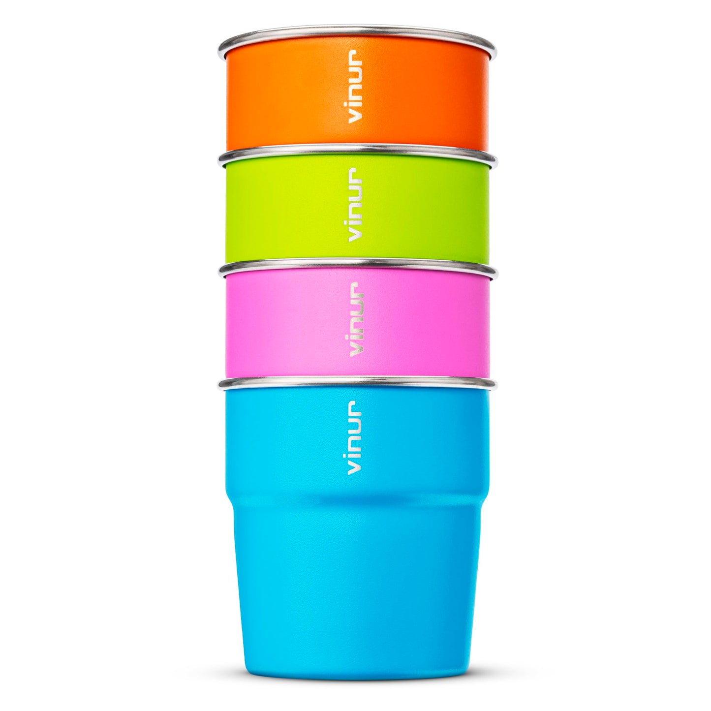 VINUR Kids Stainless Steel Cups-8 oz Stackable Metal Drinking Tumbler Glasses for Travel, Camping, Outdoors (Sky Blue-Orange-Hot Red-Apple Green)
