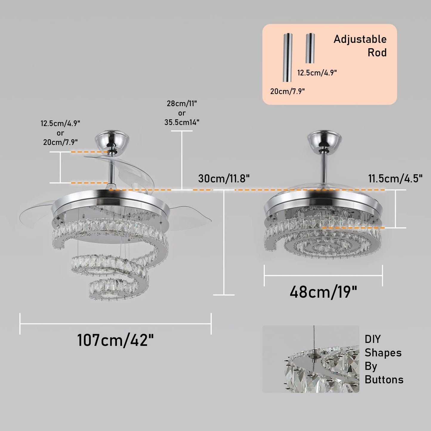 FRIXCHUR 42" Crystal Chandelier Ceiling Fans with Lights and Remote Dimmable Fandelier Retractable Crystal Ceiling Fans 3 Rings Invisible Blades Crystal Ceiling Fans for Bedroom Living Room 30W*2