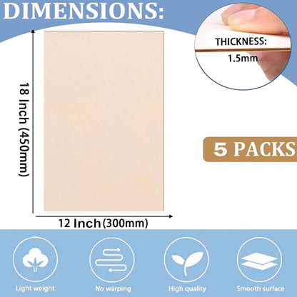 5 Pack 12"x18"x1/16 Basswood Sheets for Crafts- Thin Plywood Sheets - Balsa Wood Sheets -Unfinished Wood Boards for Painting,Laser Cutting,Engraving, Burning and CNC Cutting