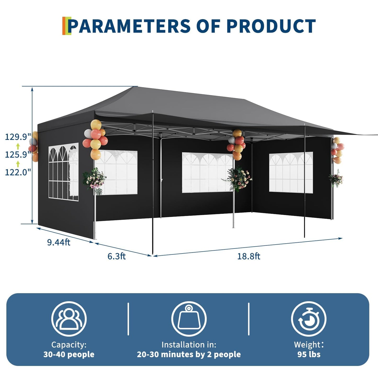 10x20 Pop Up Canopy Tent – Heavy Duty Party Tent with 6 Removable Sidewalls, 6 Sand Bags & Roller Bag, Waterproof UV-Protective Tents for Parties, Adjustable Height Instant Shelter
