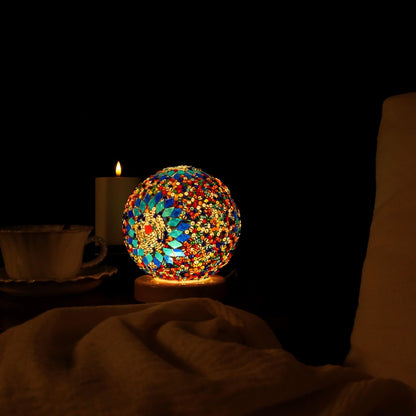 HAIDOLIANG Turkish Table lamp (D:4.7" x H:5.2"),Mosaic Glass Lamps with Wooden Base, Bohemian Tiffany Bedside Lamps, USB Power Moroccan Lantern for Living Room Decorations (Boho - Blue, Boho)