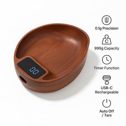 Luviora Coffee Scale with Spoon – 0.1g Precision Walnut Wood Digital Coffee Bean Scale, USB-C Rechargeable Espresso Scale for Pour Over, Drip & Kitchen Use, Minimalist Design