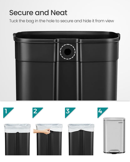 SONGMICS 13 Gallon (50 L) Trash Can, Stainless Steel Kitchen Garbage Can, Recycling or Waste Bin, Soft Close, Step-On Pedal, Removable Inner Bucket, Silver ULTB050E01