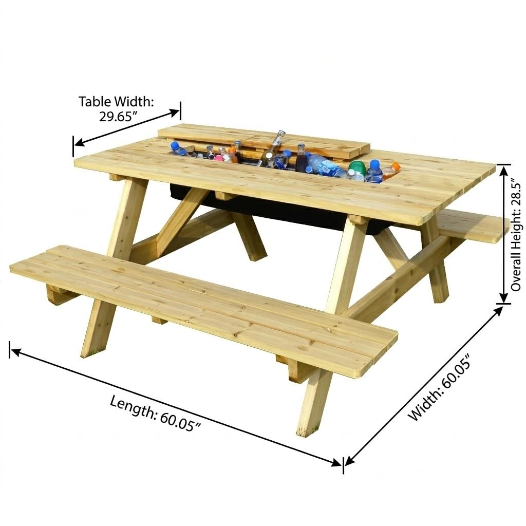 Merry Garden Cooler Wooden Picnic Table, Natural,Brown
