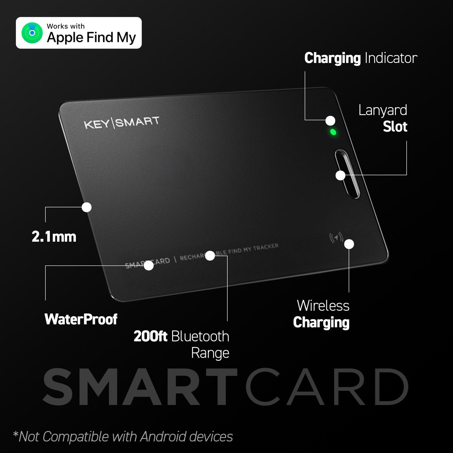 KeySmart MFI-Certified SmartCard Wallet Tracker Card, Compatible with Apple Find My App, Rechargeable Thin GPS Item Finder for Luggage Tag, Smart Bluetooth Tracking with Key Chain Hole Black, 1 Pack