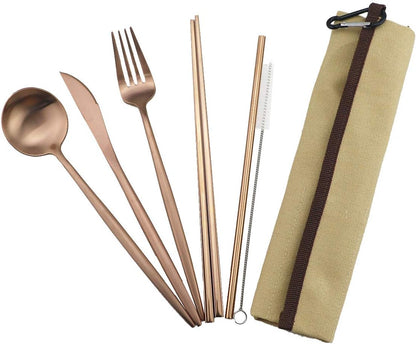 Reusable Travel Utensils, 7 Piece Portable 304 Stainless Steel Set with Pouch, Eco-friendly Camping Silverware