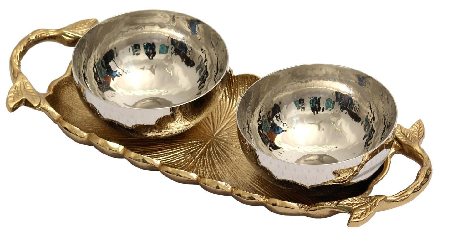 IHI EST. 1986 India Handicrafts Leaf Gold Tone 12 inch Metal Tray With Bowls 3 Piece Set