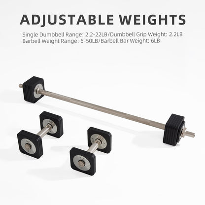 DHT Adjustable Dumbbells, Wall-Mounted Dumbbell Barbell Set with Rack, Free Weights Dumbbells, All-Purpose Fitness, Anti-Rolling, Weights Set for Home, Gym, Office, 2.2-50 lbs, 2 in 1 Black