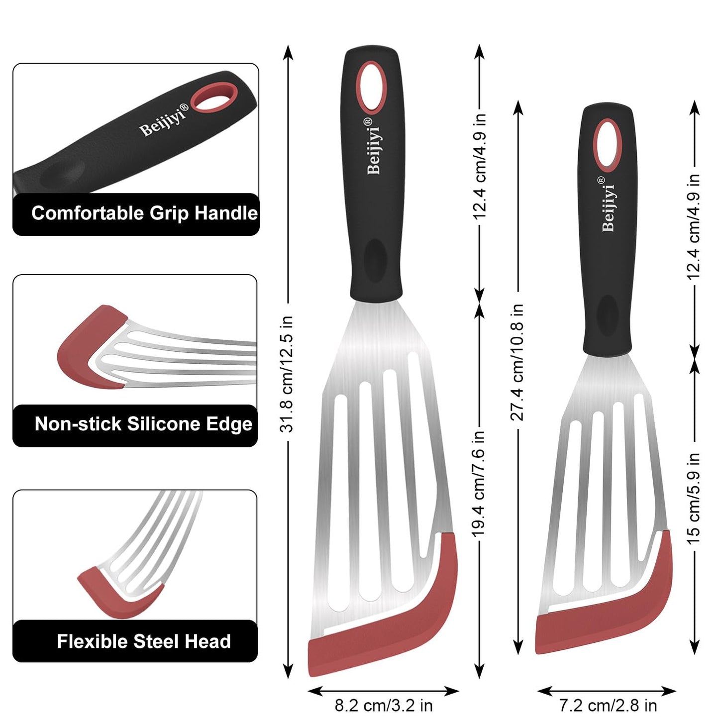 Beijiyi Fish Spatula Turner Set of 2, Heat Resistant Silicone Edge Slotted Fish Spatulas for Nonstick Cookware, Flexible and Thin Stainless Steel Kitchen Cooking Spatula Flipper for Fish, Egg, Pancake