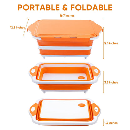 Collapsible BBQ Prep Tub with Lid, Foldable Camping Sink with Colander, Cutting Board, Dish Basin for Kitchen, Bowl, Vegetable and Fruit, Storage Basket for Picnic-Orange