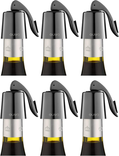 Stainless Steel Wine Bottle Stoppers - 6 Pack Plugs with Silicone Toppers, Leak-Proof, Keeps Wine Fresh Accessories