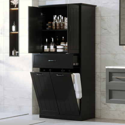 Virubi Tall Tilt Out Laundry Cabinet with 2 Tilt Out Laundry Hamper, Wood Bathroom Storage Cabinet with Doors,Drawers and Adjustable Shelves Freestanding (Black)