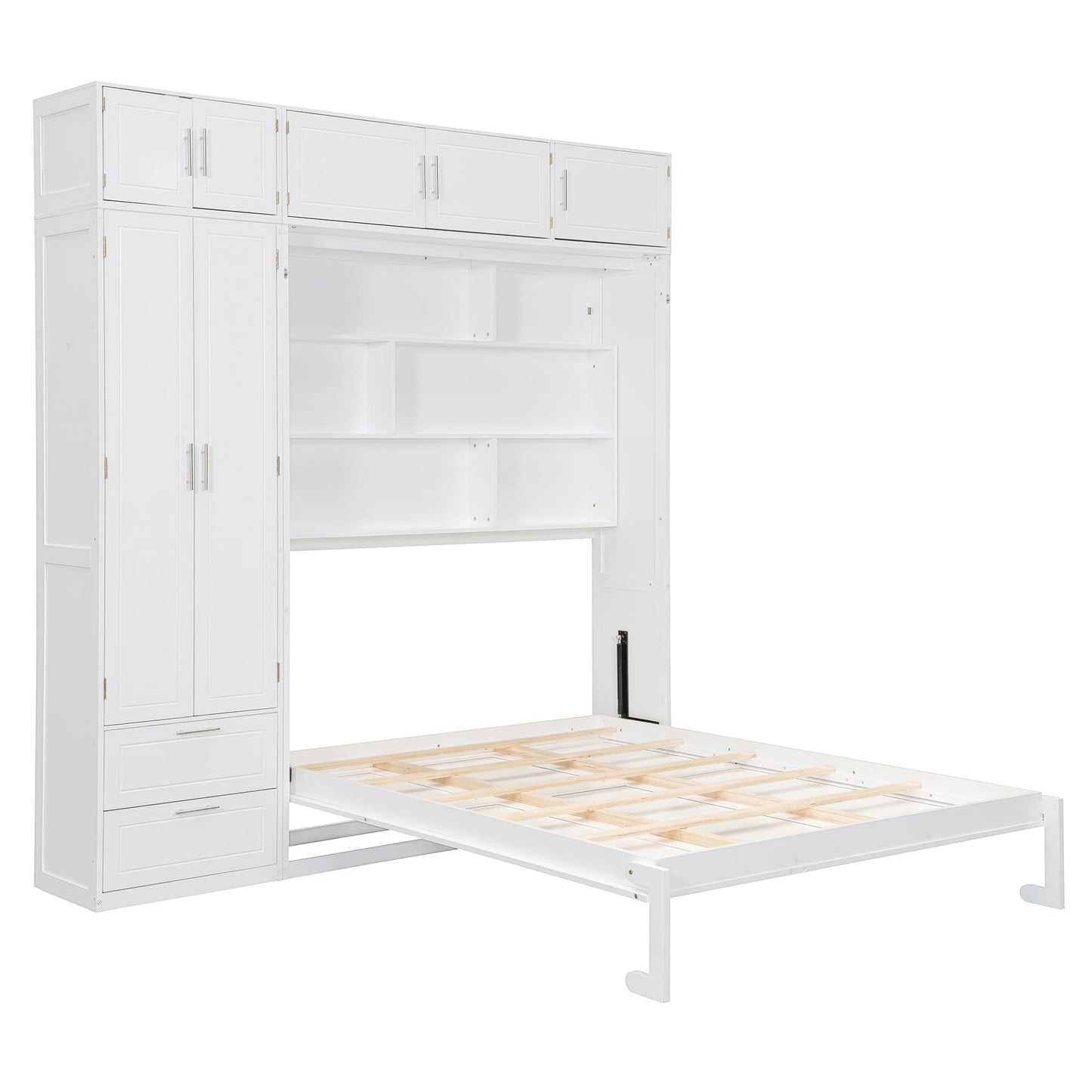 DNYN Murphy Bed Frame with Top Cabinets and Wardrobe for Bedroom/Guest Room/Home Office, Queen Size Foldable Wall Bed with Storage Drawers and Shelves, No Box Spring Needed