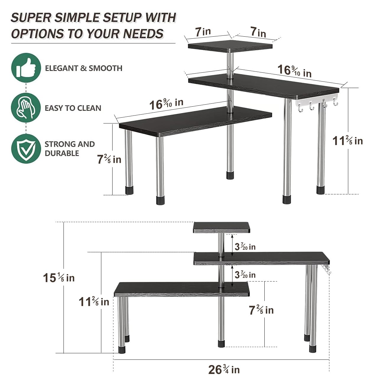 ZHWS Kitchen Countertop Organizer Spice Rack for Salt, Bathroom Counter Organizer Over Sink for Makeup, Skincare, Adjustable 3-Tier Corner Counter Shelf with 4 Hooks for Coffee Bar Dresser Table