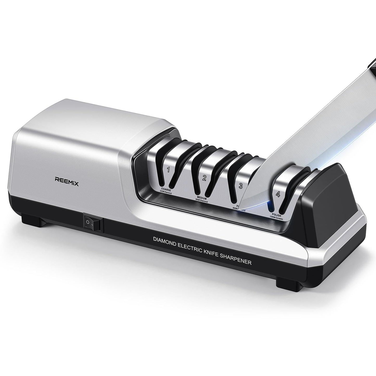 Reemix Electric Knife Sharpener with 4-Stage Sharpening (Repair, Coarse, Medium, Fine & Polish), 20° Fixed Angle, Non-Slip Base & Metal Shavings Collector for Kitchen Knives (Sliver)