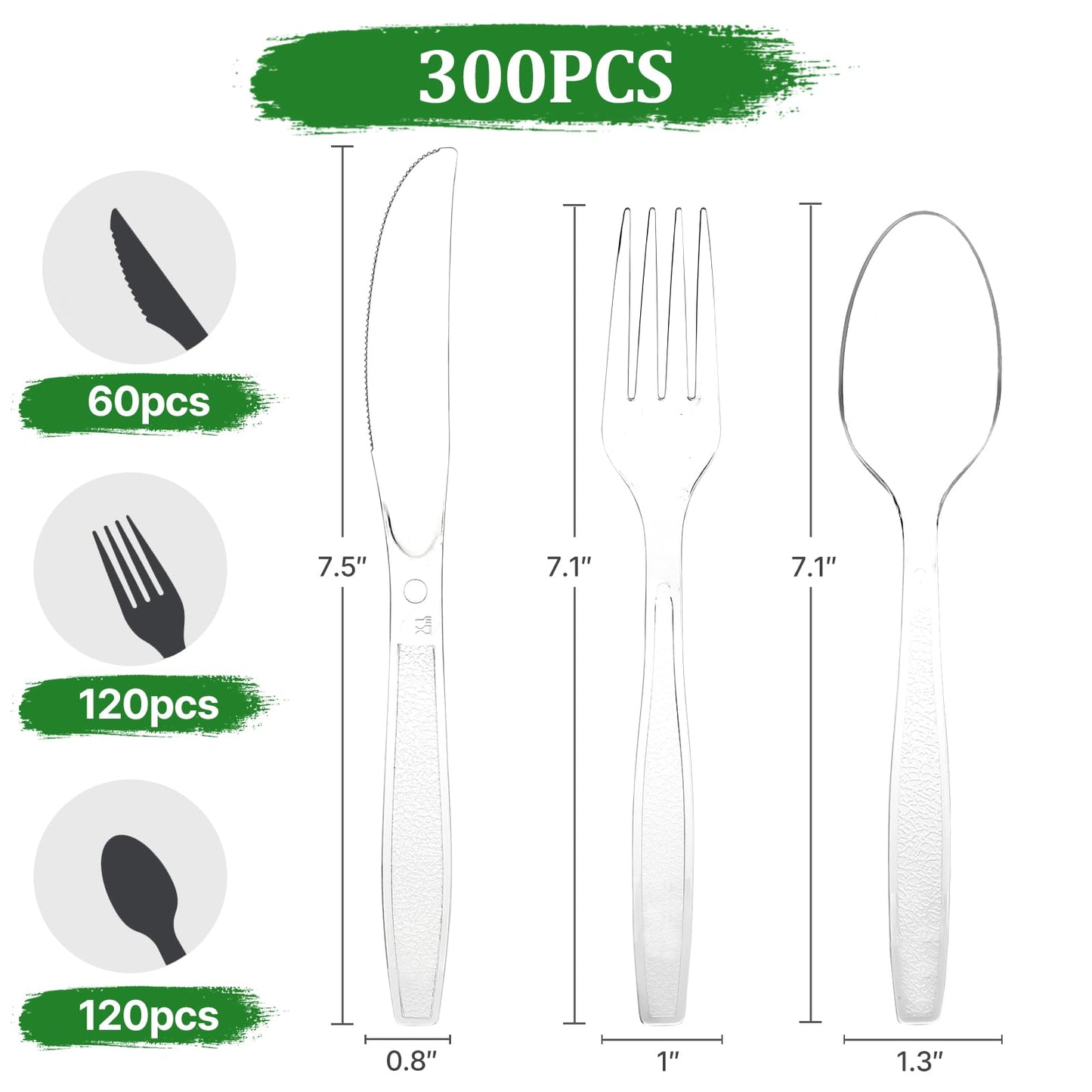 Bosizhang 300 Count Extra Heavy Duty Plastic Silverware, 120 Spoons, 120 Forks, 60 Knives, BPA-Free & Heat Resistant Disposable Plastic Utensils Set, Clear Cutlery Set for Party and Daily Use