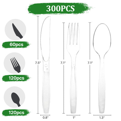 Bosizhang 300 Count Extra Heavy Duty Plastic Silverware, 120 Spoons, 120 Forks, 60 Knives, BPA-Free & Heat Resistant Disposable Plastic Utensils Set, Clear Cutlery Set for Party and Daily Use