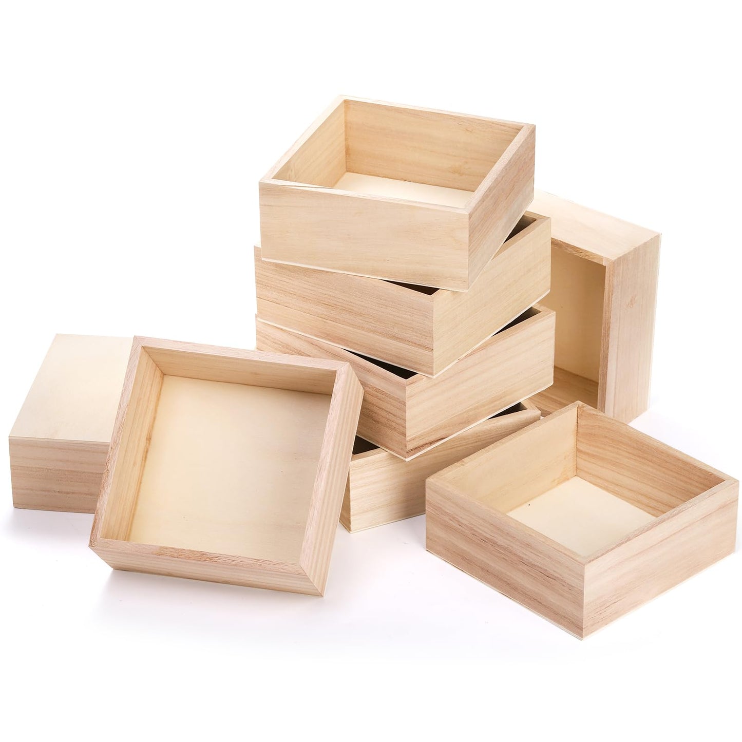 Frcctre 8 Pack Unfinished Wooden Box, 6 x 6 Inch Square Rustic Wooden Box Storage Organizer Boxes Small Wood Boxes for Crafts, Centerpiece, Home Decor, Storage, Collectibles, Succulent, Drawer