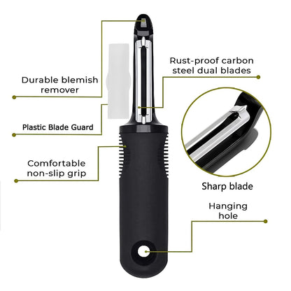 ANMIOU Swivel Vegetable Peeler with Non-Slip Ergonomic Handle, Rust-Proof Steel Blades, Built-in Potato Eye Remover, Plastic Blade Guard, Kitchen Peeler for Potato, Carrot, Apple, Veggie, Fruit, Black