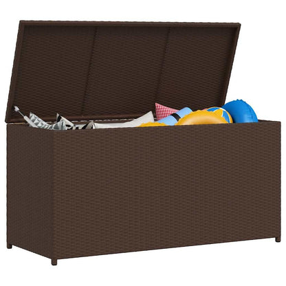 Faucqir Contemporary Brown Outdoor Storage Chest with Powder-Coated Steel and Synthetic Poly Rattan, 47.2 x 19.7 x 23.6 in, Gas Lift Lid, Patio Balcony Garden Deck Organizer