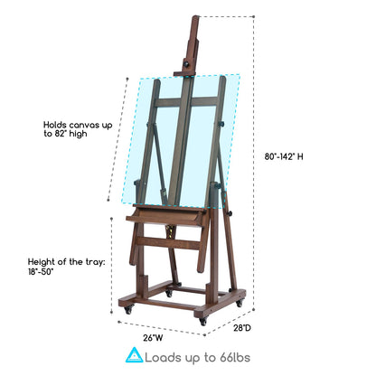 MEEDEN Extra Large H-Frame Studio Easel - Solid Beech Wooden Artist Professional Heavy-Duty Easel, Painting Art Easel Stand with 4 Premium Locking Silent Caster Wheels, Hold Max 82", Walnut