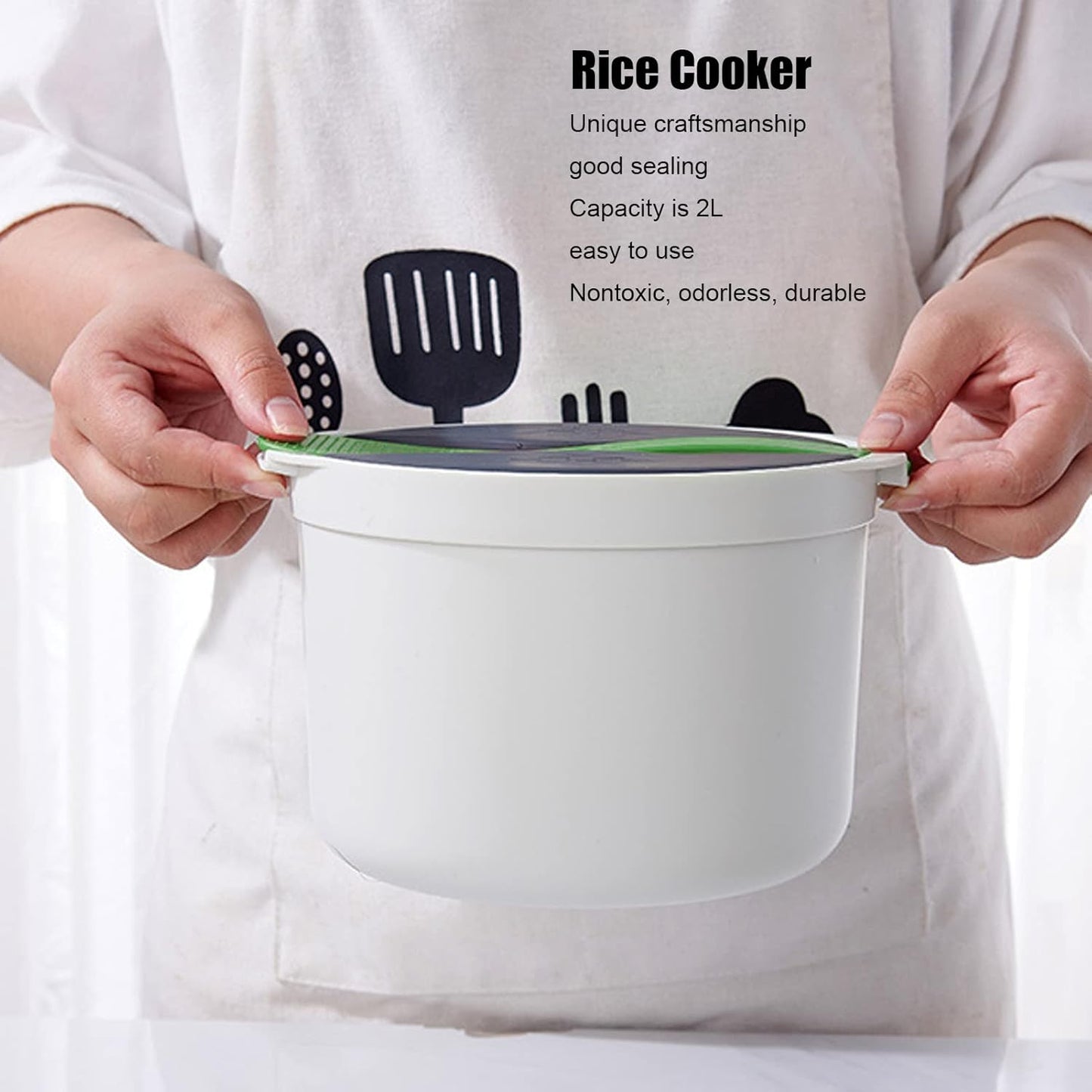 Microwave Rice Cooker Set, 2L Kitchen Cookware, Food Grade PP Material, Strainer Lid, Steaming Pot (Green)