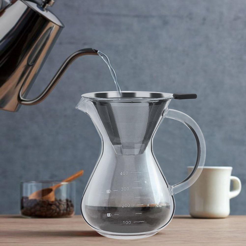 Glass Hand Drip Coffee Maker Pot, 400ML with Stainless Steel Permanent Filter and Scale
