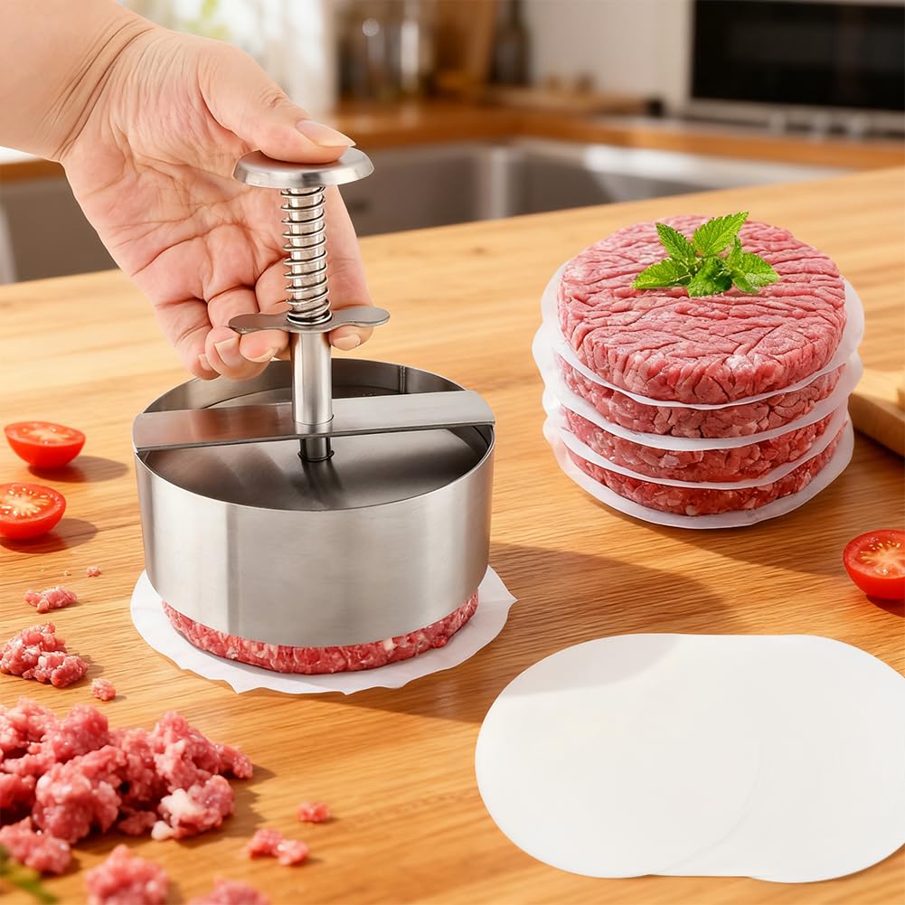 Waylenbo Burger Press 4.5 Inch, 304 Stainless Steel Hamburger Patty Maker with Spring Button & 50 Parchment Papers, Easy Release Non-Stick Mold for Ground Beef, BBQ, Dishwasher Safe