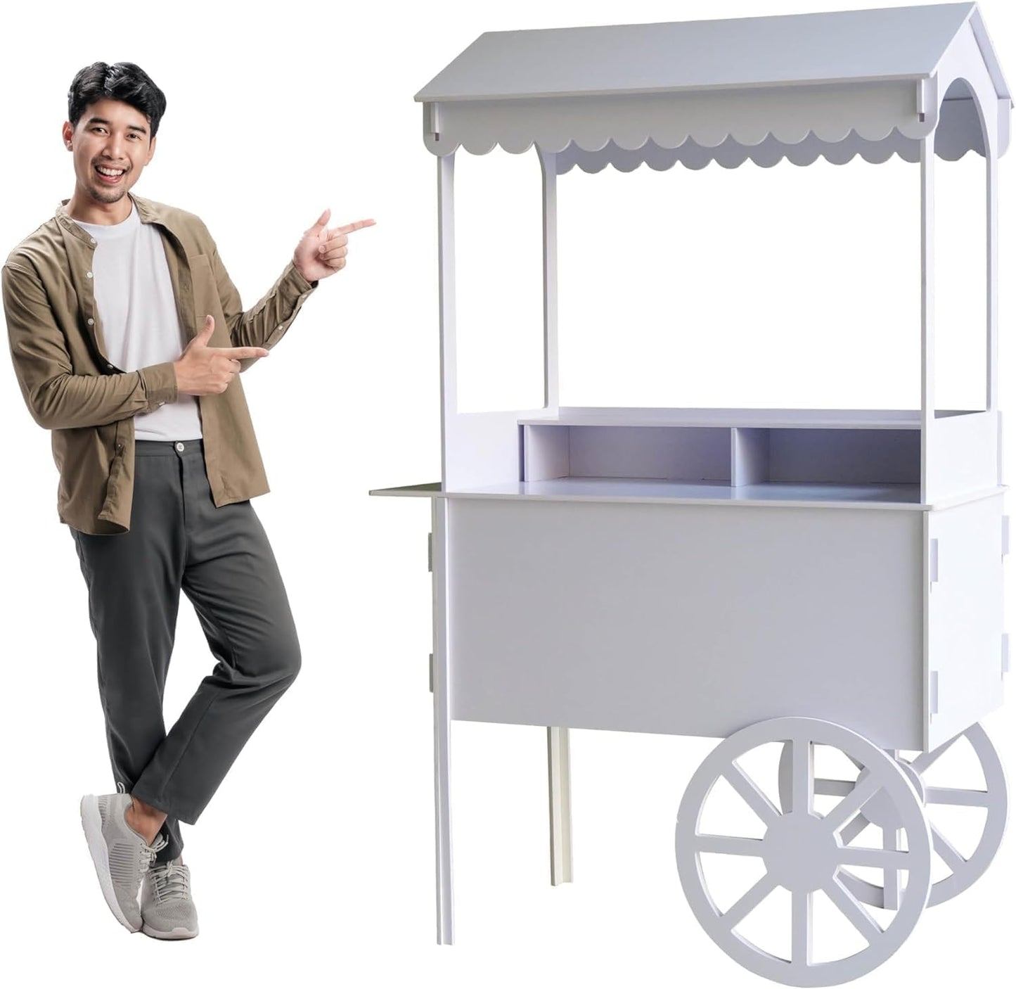 6 FT Tall Candy Cart with Shelf and Wheels for Candy and Dessert Display - Decoration for Parties, Weddings, Bar/Bat Mitzvah - Bar Cart - 24” x 46” x 72” in Carrito De Dulces para Fiestas