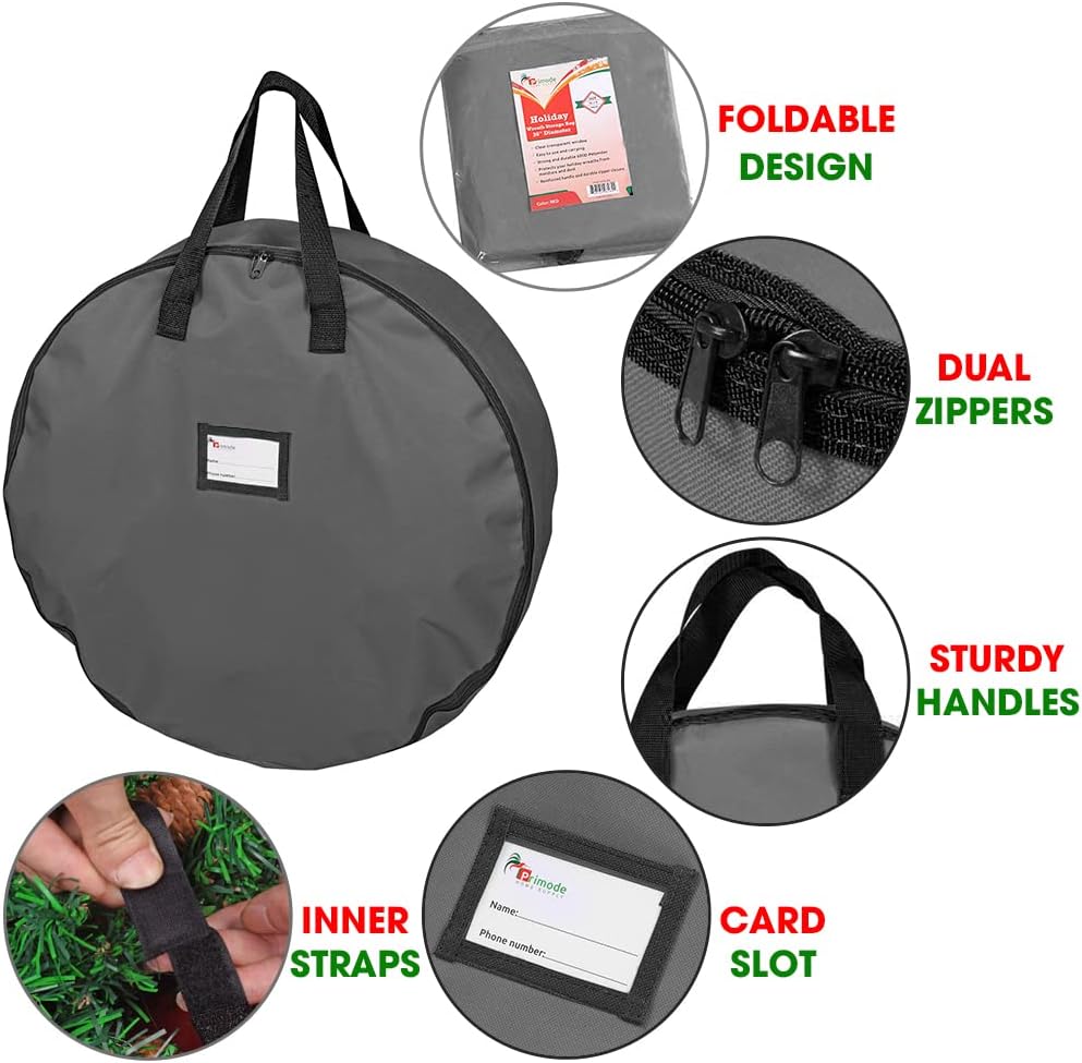 Primode Wreath Storage Bag - Heavy Duty 600D Oxford Polyester with Handles | 30" Gray Xmas Holder