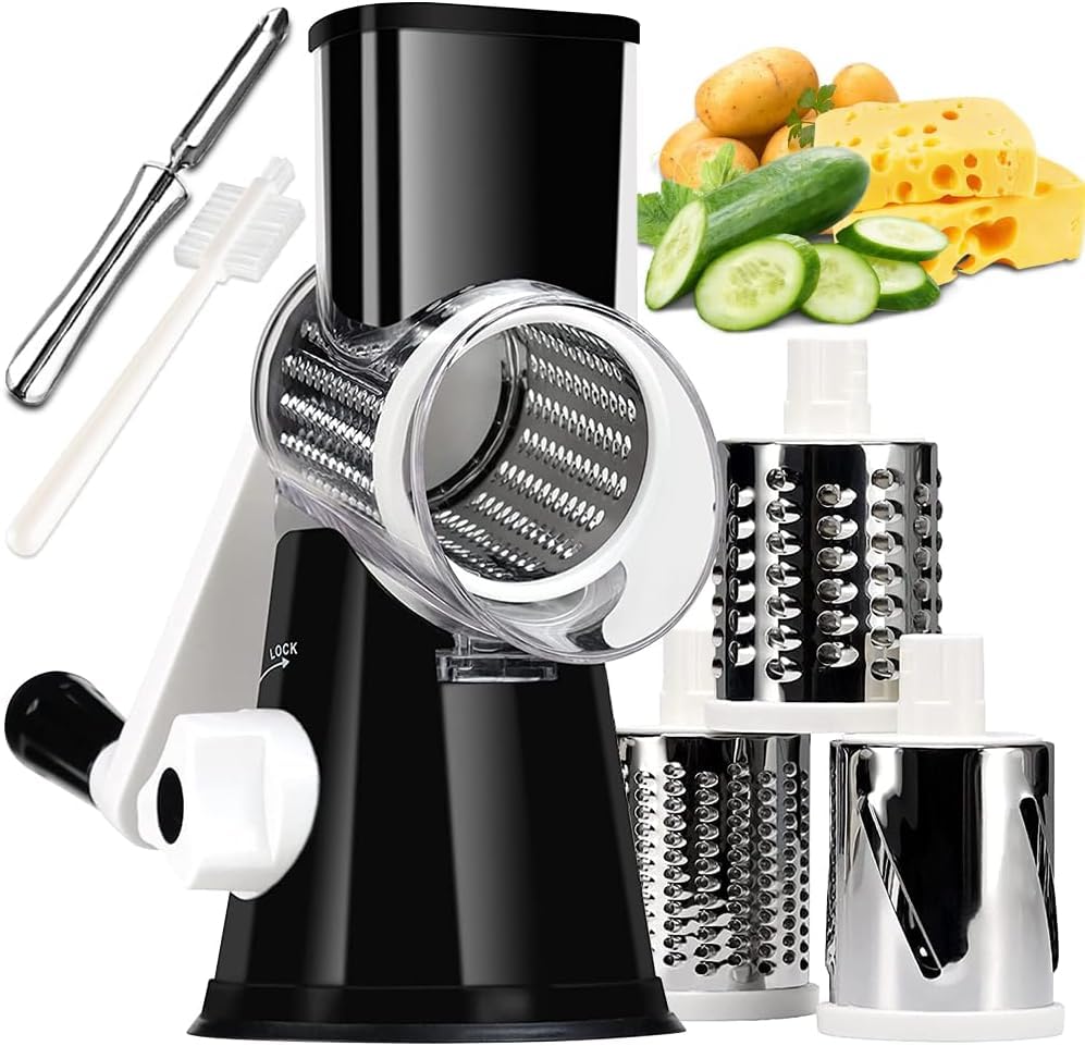 KEOUKE Rotary Cheese Grater Hand Crank Black - Shredder Slicer Grinder 3 Stainless Steel Blades, Stable Suction, Labor-Saving Handle, Safe Kitchen Tool for Cheese, Vegetable, Nuts, Chocolate