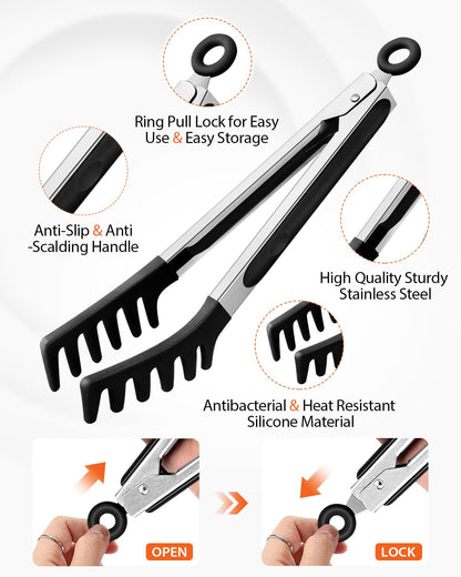 Silicone Spaghetti Spoon & Pasta Tong With Pasta Measurer, 3 Pack of Non-Stick Stainless Steel Handle Pasta Fork Set with Teeth, Food Clip for Easy Serving of Noodles (BLACK)