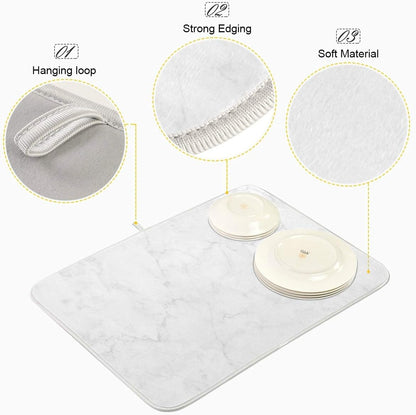 White Marble Dish Drying Mat for Kitchen, Easy Clean Dishwasher Safe Heat Resistant Eco-Friendly Countertop Mat, 16 x
