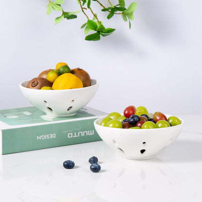 Magclay Ceramic Berry Basket, Round Fruit Bowl with Draining Hole, 5.8" Berry Colander for Kitchen Counter, Fruit Baskets Set of 2, White