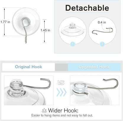 VIS'V Suction Cup Hooks - 1.77 Inch Clear Window Suction Cups with Metal Hooks | 12 Pcs, Removable & Reusable