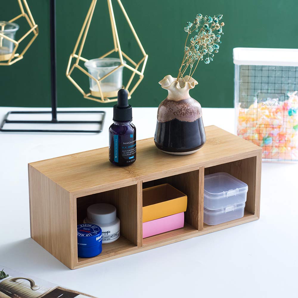 YOSCO Bamboo Wood Pens Pencils Holder Cup for Desk Remote Control Holder, Caddy,Organizer,Desktop Storage with 3 Compartments,Makeup Brush Holder,Silverware Caddy for Party,Office Supplies (3 Grid)