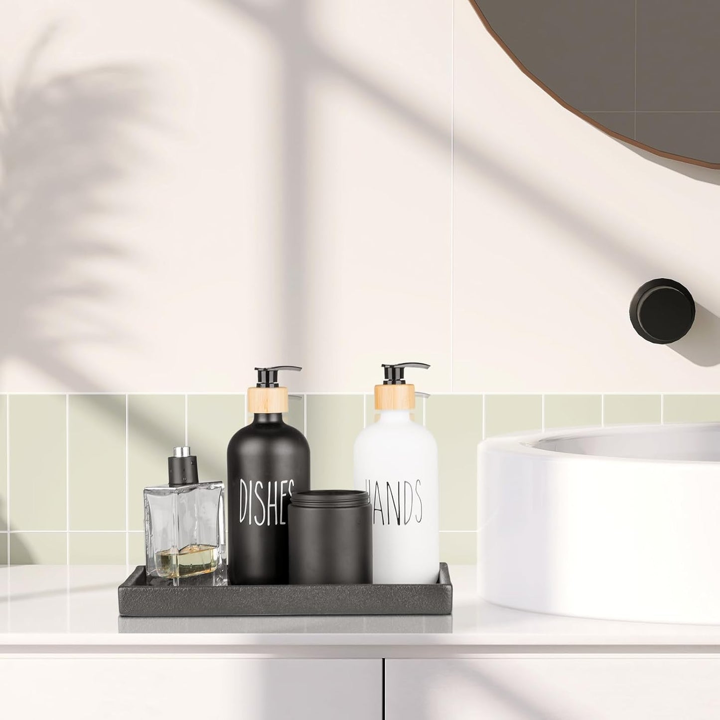 Bathroom Vanity Tray, Black Ceramic Organizer Tray for Counter, Rectangle Soap Dispenser Tray for Bathroom and Kitchen